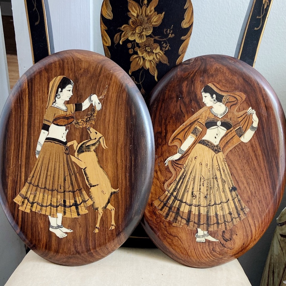 Two Vintage Gypsy Bone Wood Inlay India Woman Goat Cottage Core Homestea…